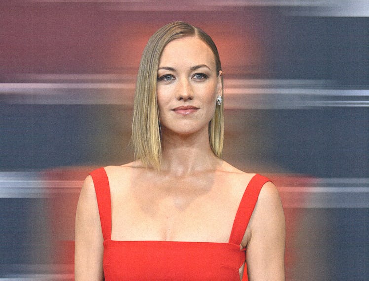 Yvonne Strahovski in a red dress, with a blue and red image treatement