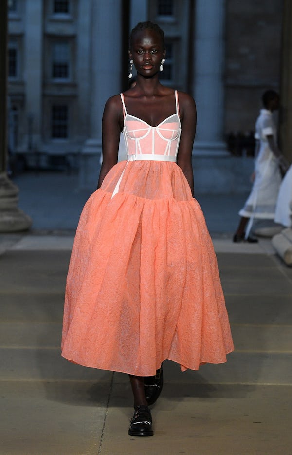 Erdem's Spring/Summer 2023 peach colored corset midi dress