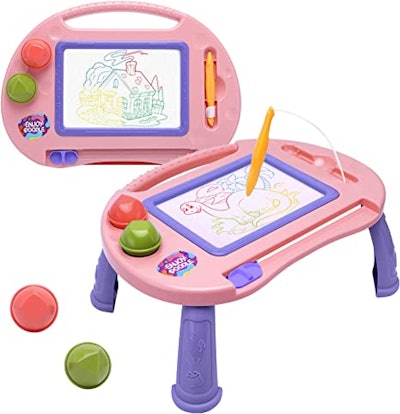 A tabletop magnetic drawing board is a mess-free gift option for 1-year-olds.