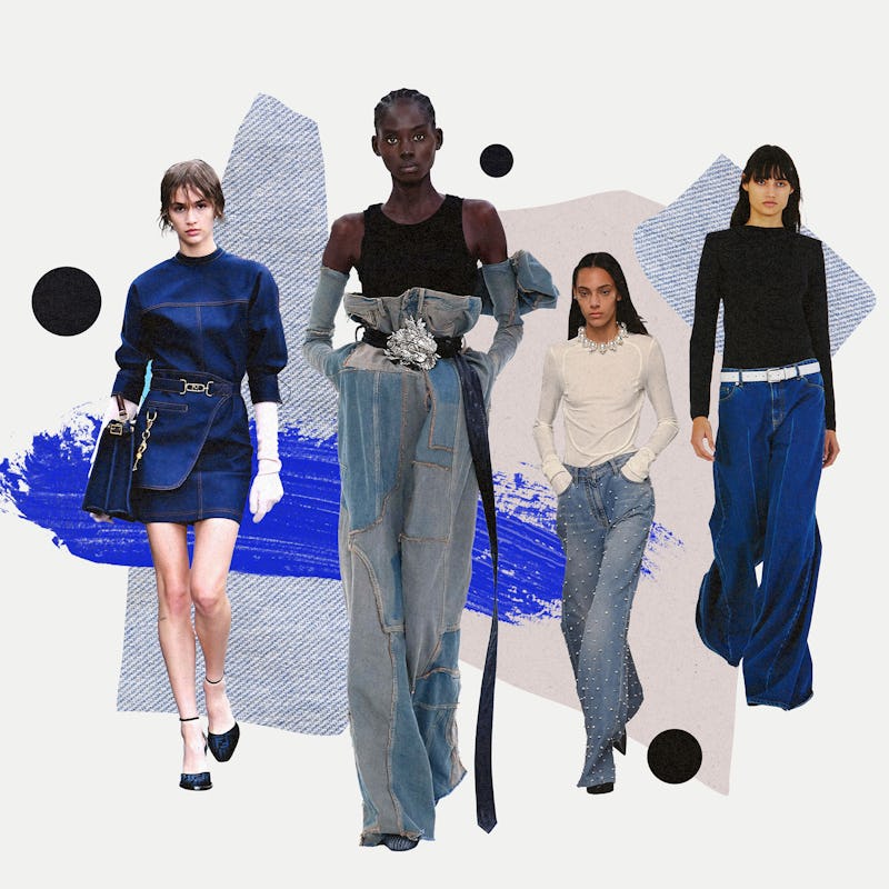 Four models wearing items that represent Fall 2022 denim trends