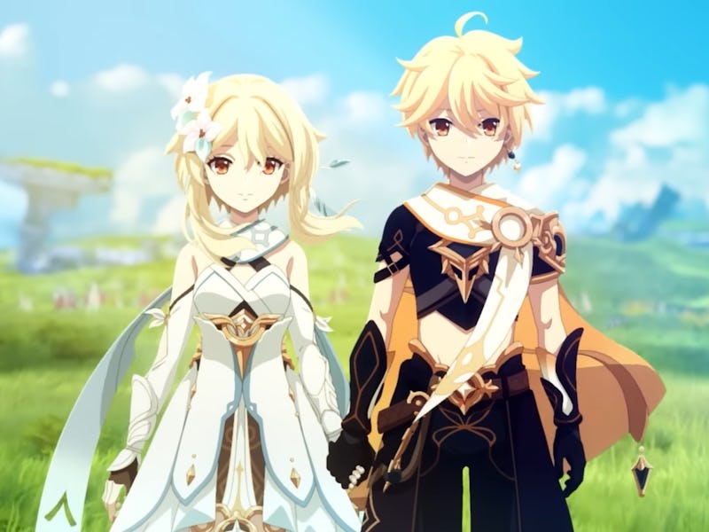 Aether and Lumine holding hands in anime teaser