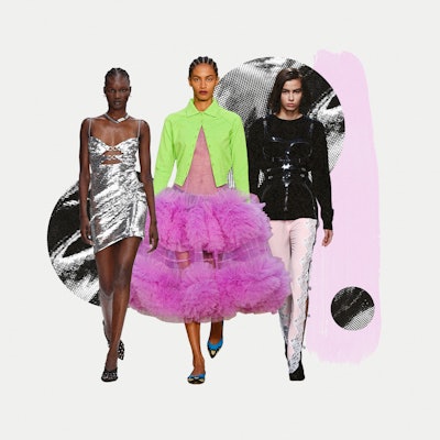 Models wear looks from Molly Goddard's, Nensi Dojaka's, and Christopher Kane's Spring/Summer 2023 co...
