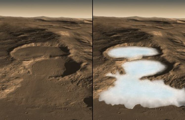craters on mars, with how they would have looked like with glaciers on the right