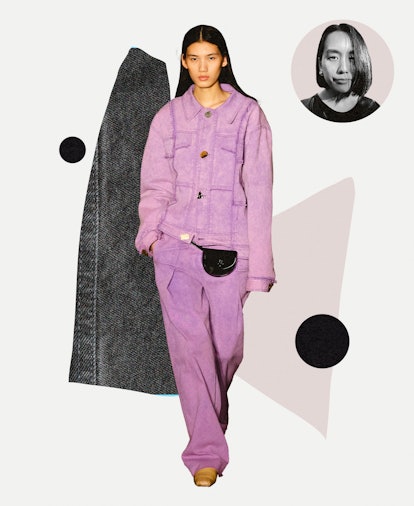 A model wearing lavender denim look