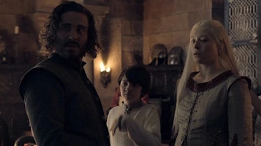 Ser Harwin Strong, Rhaenyra Targaryen, and their first-born son, Jacaerys Targaryen. 