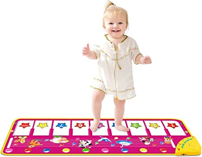 A keyboard floor mat encourages little ones to stomp and dance on the keys.