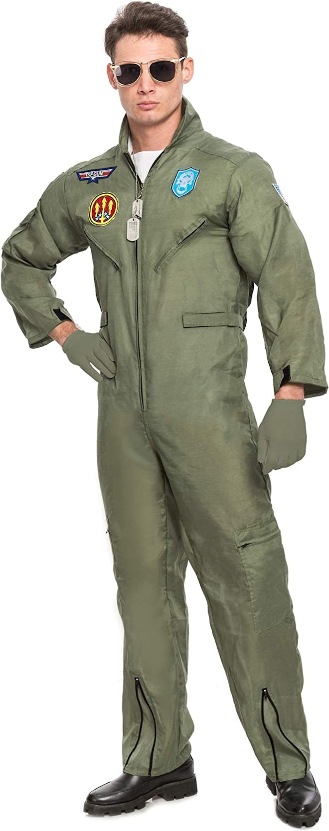A Goose Top Gun costume requires a green flight suit, aviator glasses, and dog tags.