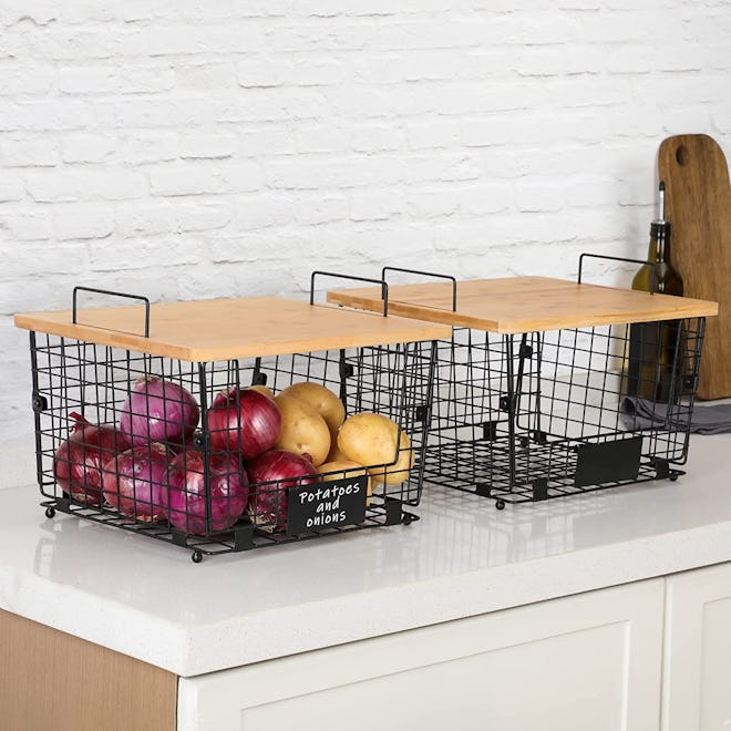 AOZITA Kitchen Counter Basket with Bamboo Top