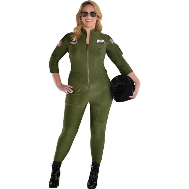 Plus size Top Gun costumes from the second movie include a flight suit and on-theme patches.