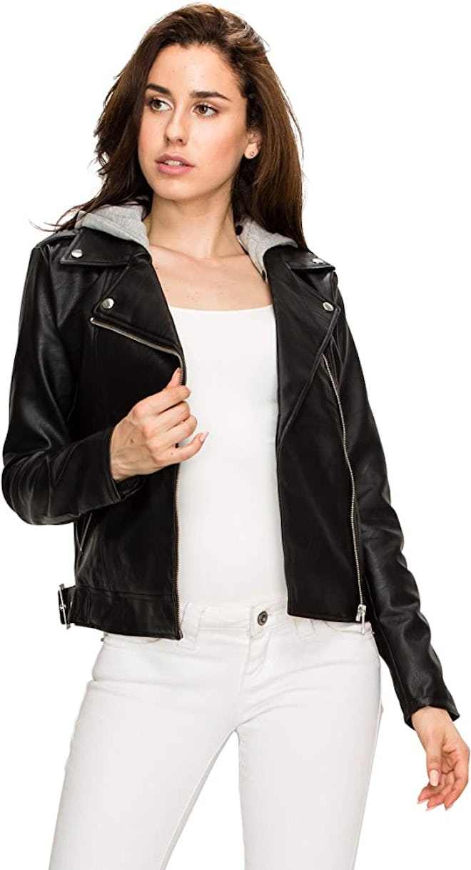 Lock And Love Hooded Faux Leather Moto Jacket
