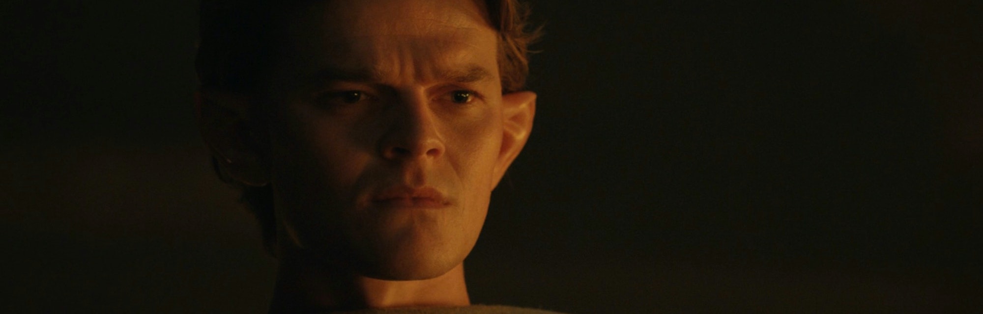 Elrond (Robert Aramayo) looks down in confusion in The Lord of the Rings: The Rings of Power Episode...
