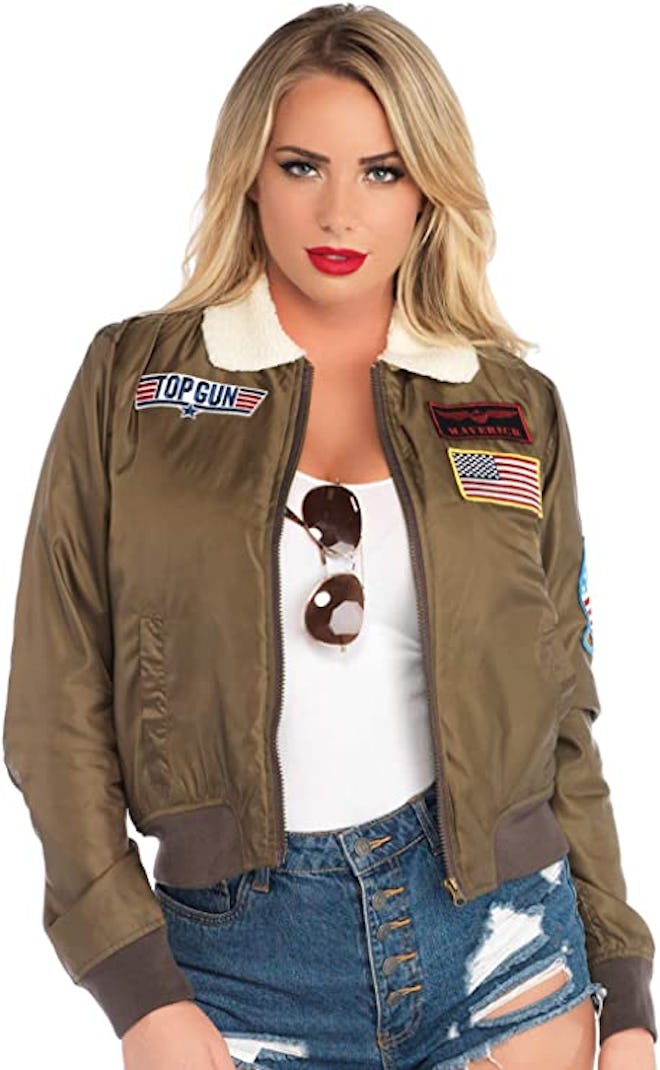This bomber jacket with interchangeable patches is a different take on a Top Gun costume for women.