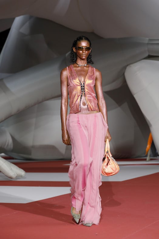 A model in a pink top and skirt at the Diesel Fashion Show during the Milan Fashion Week Womenswear ...