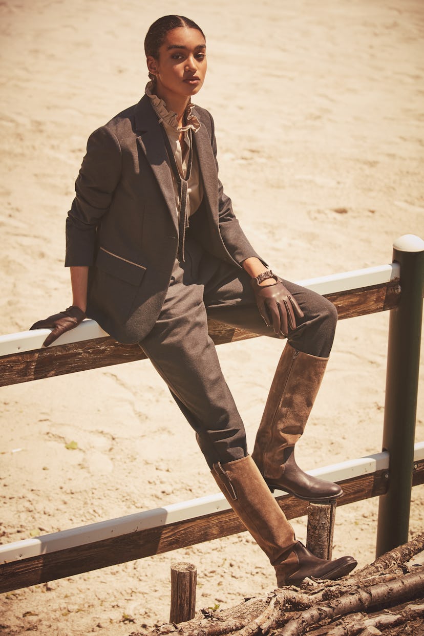 A look from Brunello Cucinelli capsule for Neiman Marcus in brown