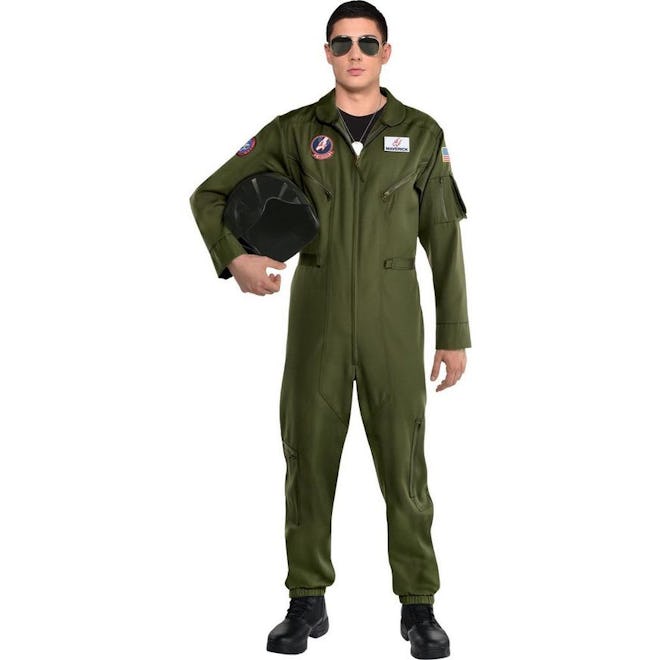 A men's Top Gun 2 costume requires a green flight suit, boots, and aviator sunglasses.