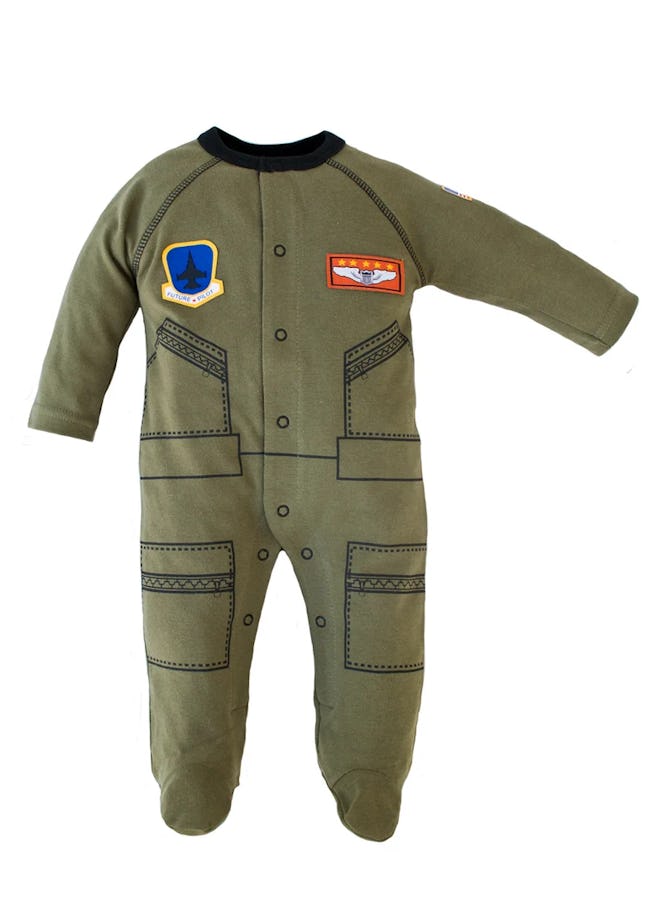 This Top Gun onesie has printed on pockets and patches so baby can move around easily.