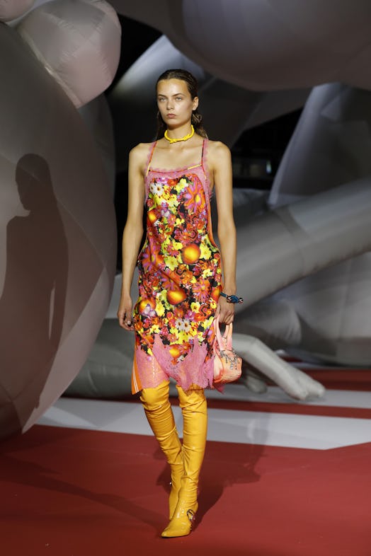 A model in a floral dress at the Diesel Fashion Show during the Milan Fashion Week Womenswear Spring...