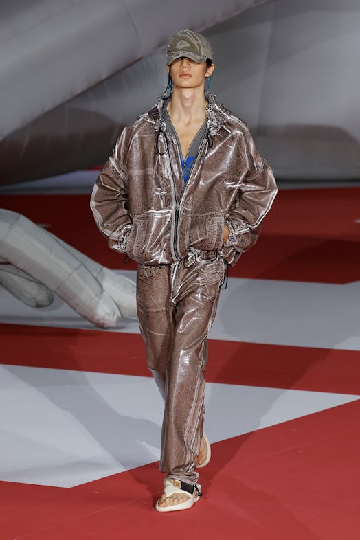 A model in a brown leather suit at the Diesel Fashion Show during the Milan Fashion Week Womenswear ...