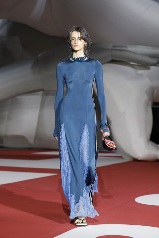 A model in a blue dress at the Diesel Fashion Show during the Milan Fashion Week Womenswear Spring/S...