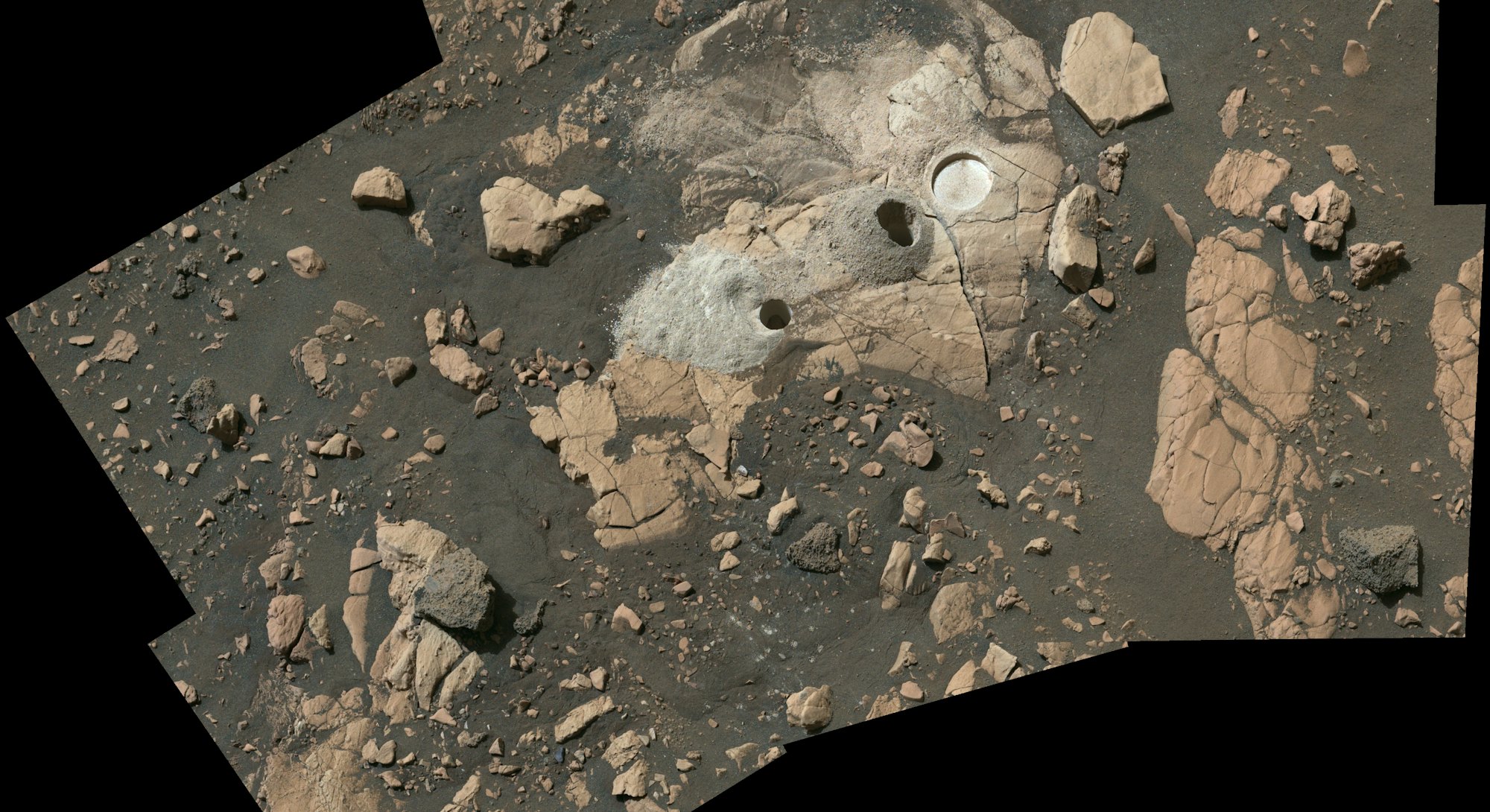 Composed of multiple images from NASA’s Perseverance Mars rover, this mosaic shows a rocky outcrop c...