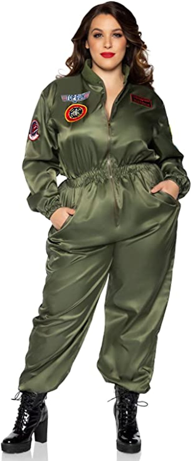 This plus size Top Gun costume is a shiny flight suit with patches authentic to the movie.