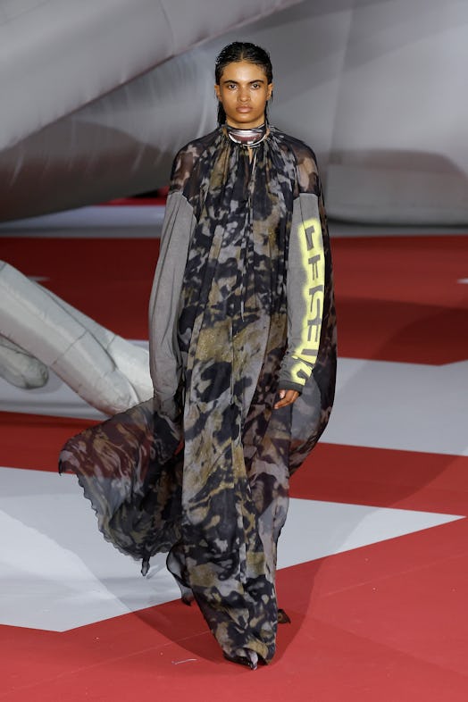 A model in a camo-print dress at the Diesel Fashion Show during the Milan Fashion Week Womenswear Sp...