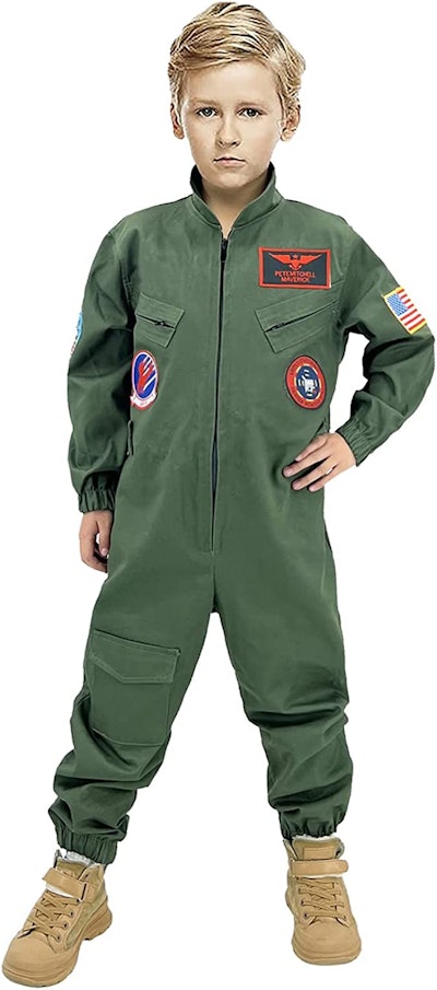Kids' Top Gun costumes are simple, just a green flight suit and boots.