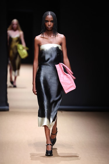 A model walks the runway of the Prada Fashion Show during the Milan Fashion Week Womenswear Spring/S...