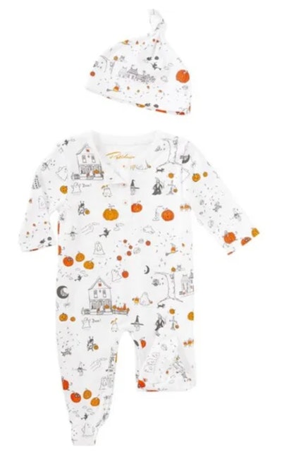 The Petidoux Halloween Pumpkins Onesie & Hat set is one of the best Halloween family pajamas for sib...