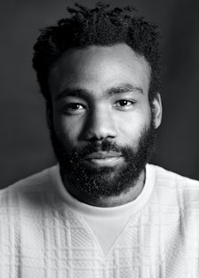 A black-and-white portrait of Donald Glover