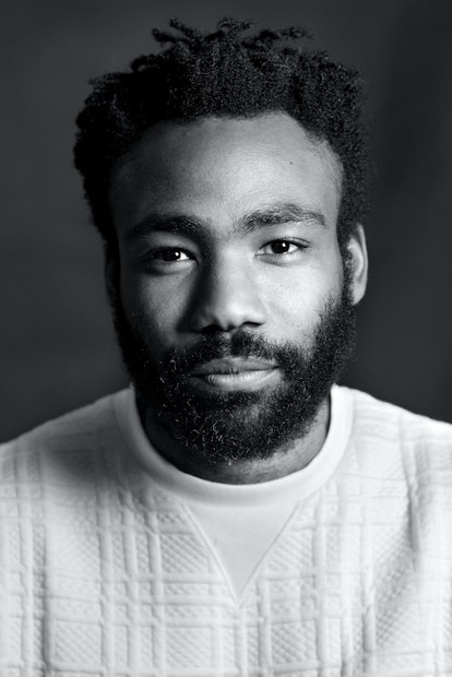 A black-and-white portrait of Donald Glover
