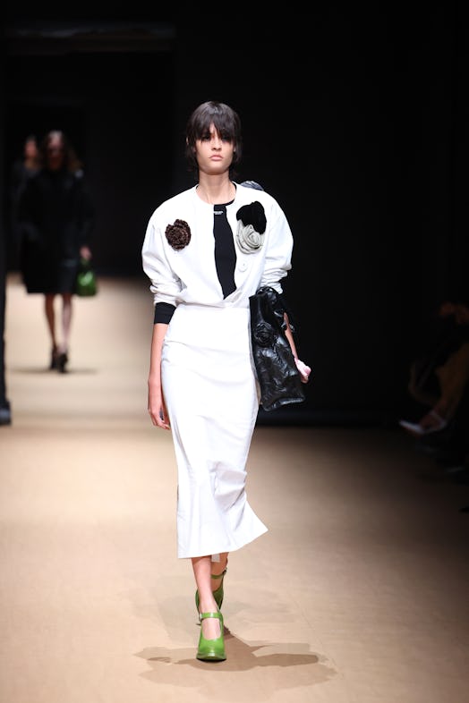 A model walks the runway of the Prada Fashion Show during the Milan Fashion Week Womenswear Spring/S...