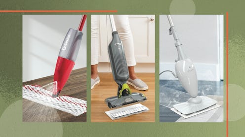 Three photos of some of the best mops for apartments collaged atop a textured green background.