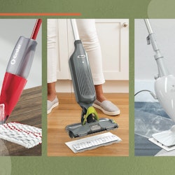 Three photos of some of the best mops for apartments collaged atop a textured green background.