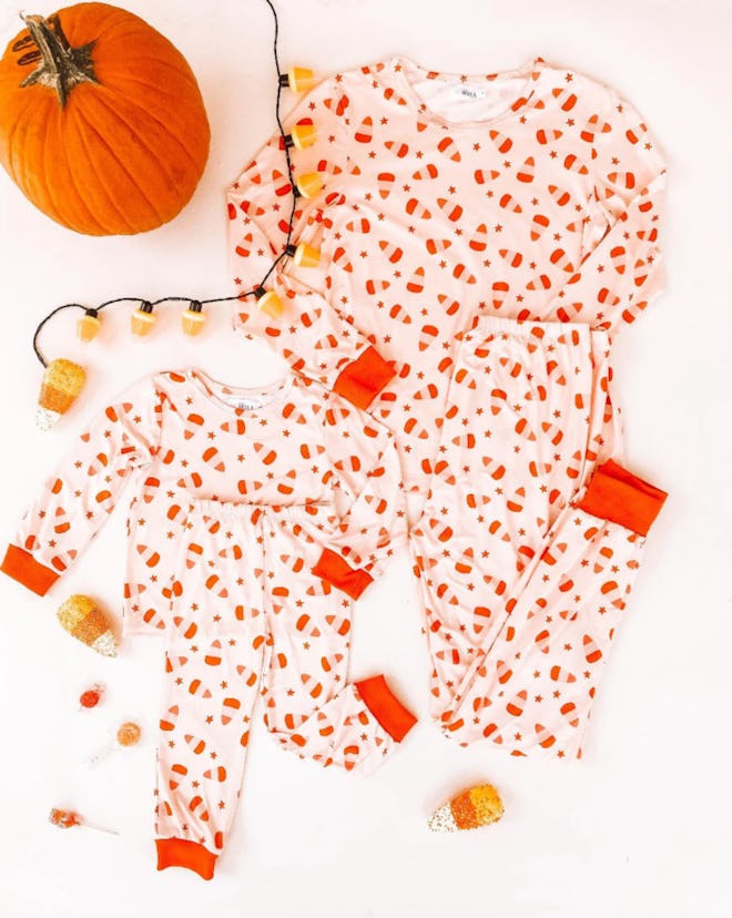 These Little Mia Bella Candy Corn Family Pajama Sets are some of the best Halloween family pajamas.