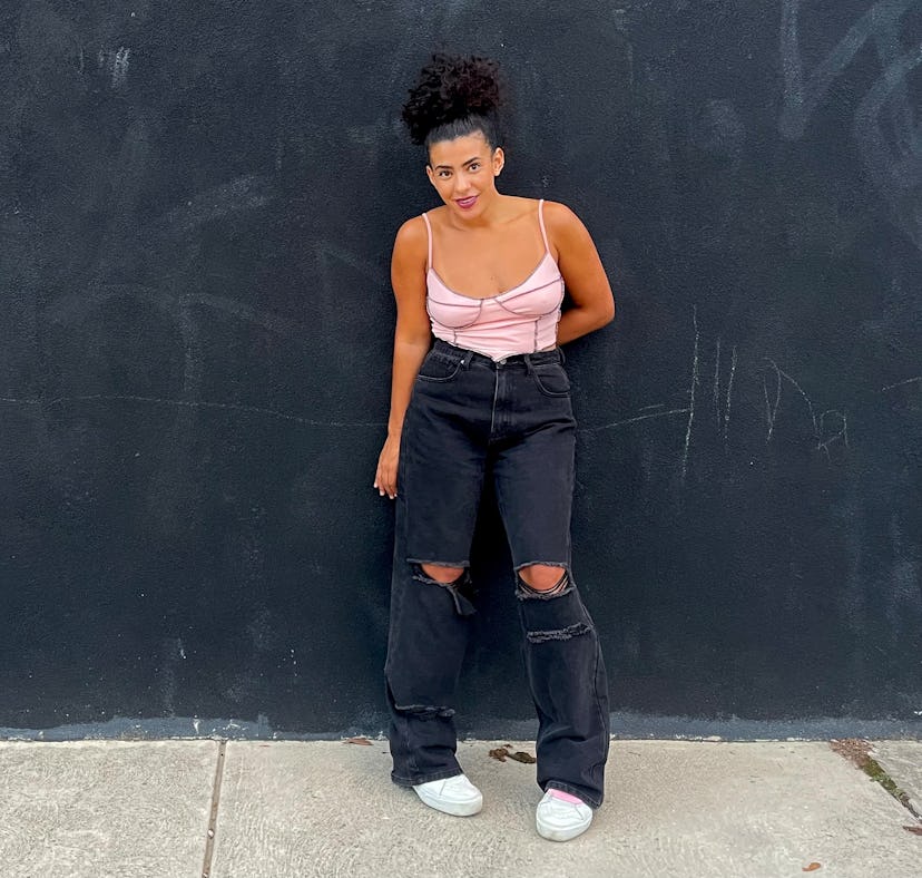 High-waisted wide-leg jeans as seen on Amber Rambharose