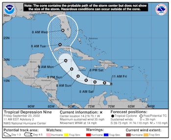 The 11am prediction for Tropical Depression 9, on September 23, 2022.  It shows the journey of a tro...