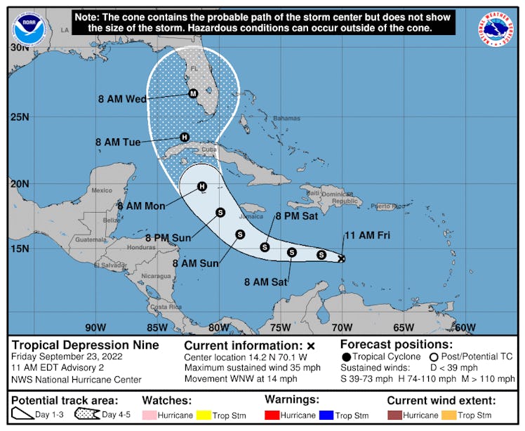 The 11am prediction for Tropical Depression 9, on September 23, 2022.  It shows the journey of a tro...