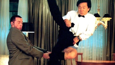 Jimmy Tong manages to fight off two bad guys while struggling to put on his tuxedo.