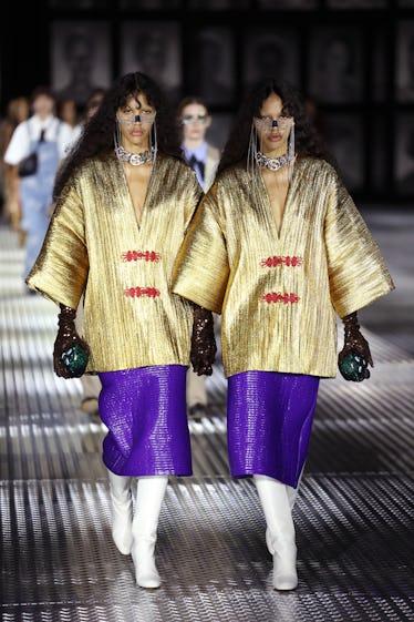 Gucci's Spring 2023 Runway Program Takes Twinning to a New Level 4 Models walk the runway of the Gucci Twinsburg Show during Milan Fashion Week Spring/Summer 2023 on S...
