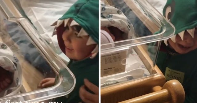 Little boy is overcome with emotion over meeting his baby brother for the first time.