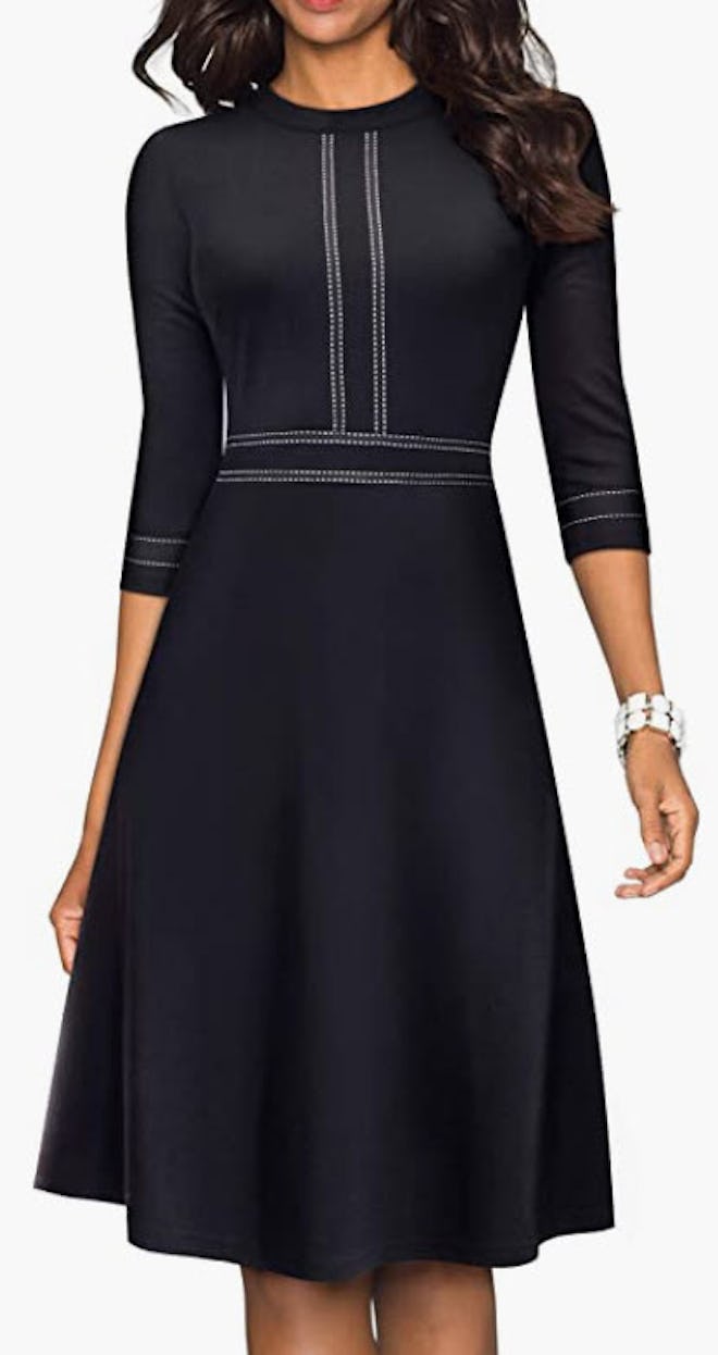 HOMEYEE Chic Crew Neck 3/4 Sleeve Party Dress