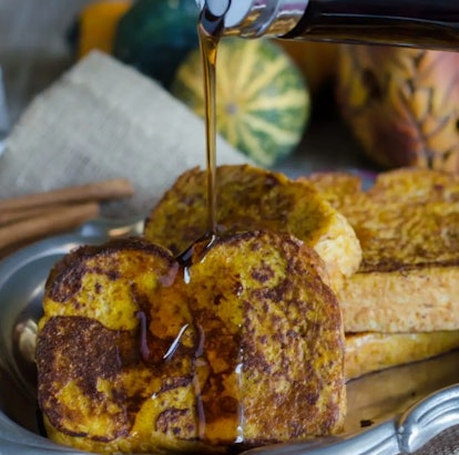 Pumpkin french toast with syrup drizzle