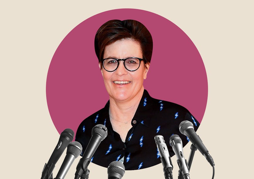 Kara Swisher, podcast host and journalist in a collage with microphones