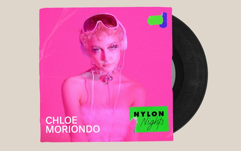 Chloe Moriondo on a record cover with pink filter over it