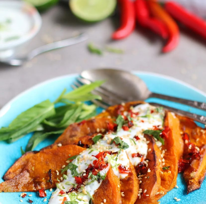 Chili and lime roasted pumpkin with yogurt dressing