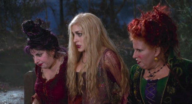 The Sanderson Sisters look afraid in 'Hocus Pocus.'