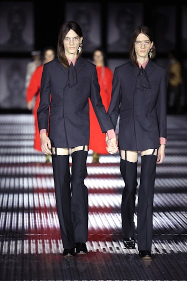 Gucci's Spring 2023 Runway Program Takes Twinning to a New Level 21 Models walk the runway of the Gucci Twinsburg Show during Milan Fashion Week Spring/Summer 2023 on S...