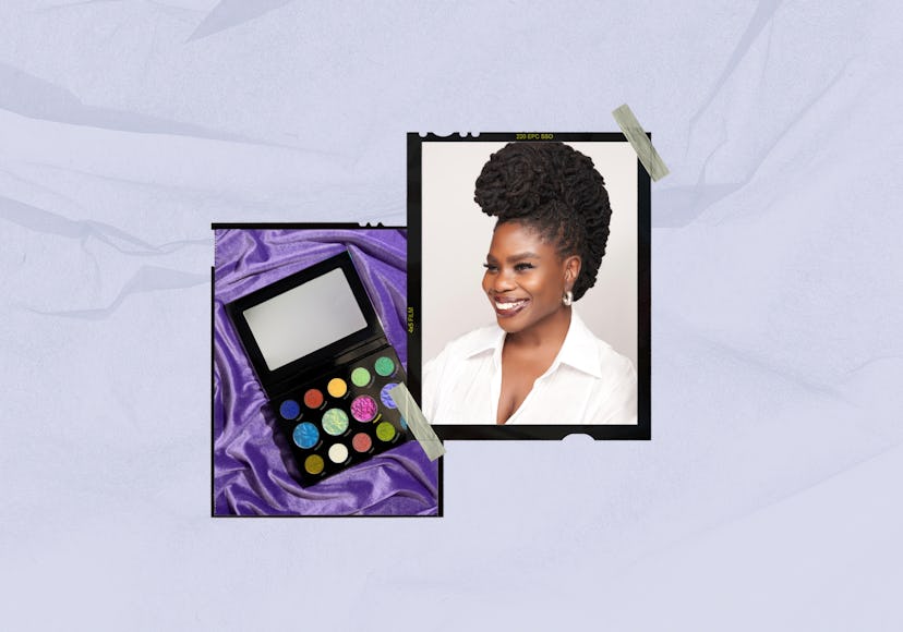 A two-part collage of makeup artist Danessa Myricks and an open eyeshadow palette