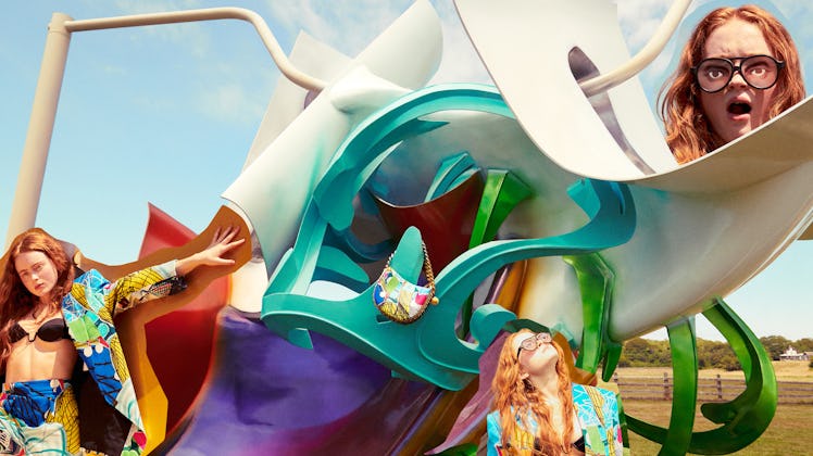 Three Sadie Sinks posing amid colorful sculptures in a Stella McCartney campaign